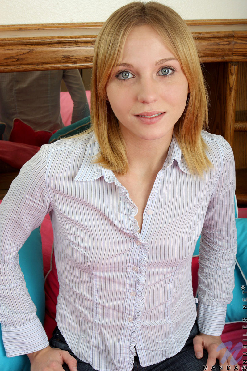 Naughty nubile teen Manda plunges dildo doggy style into her tight rosy pussy