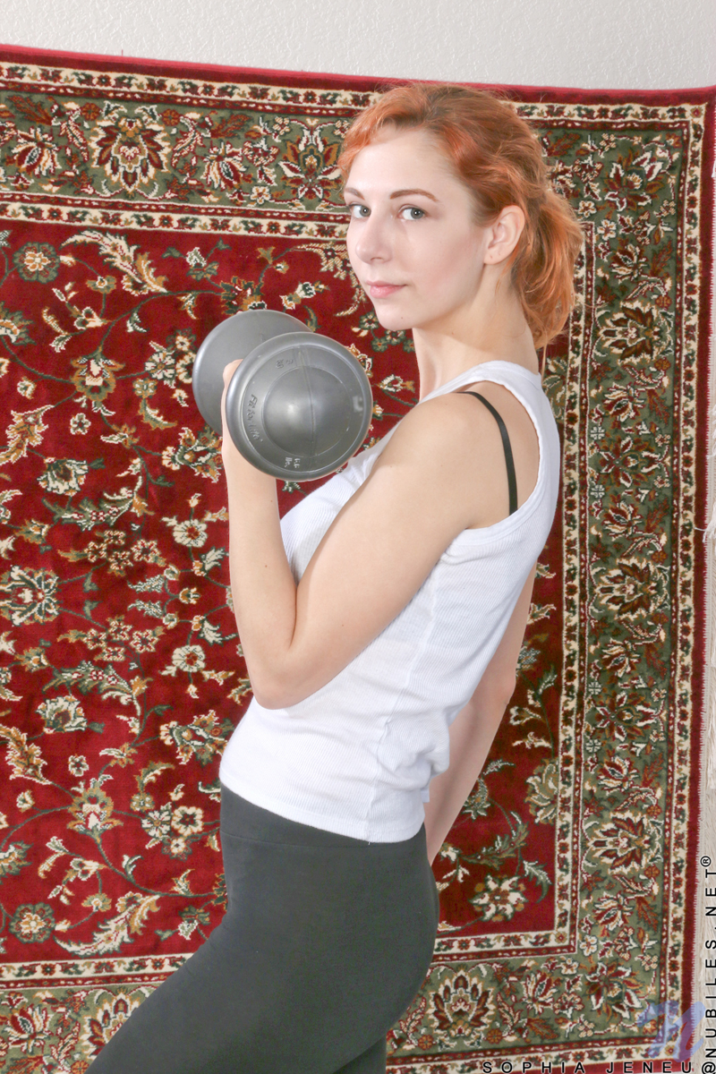 Sexy babe Sophia Jeneu works out daily to keep her slender figure, and at the end of every session she gets naked and masturbates