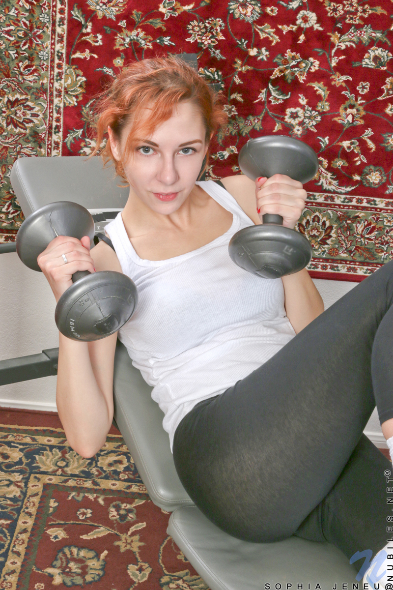 Sexy babe Sophia Jeneu works out daily to keep her slender figure, and at the end of every session she gets naked and masturbates